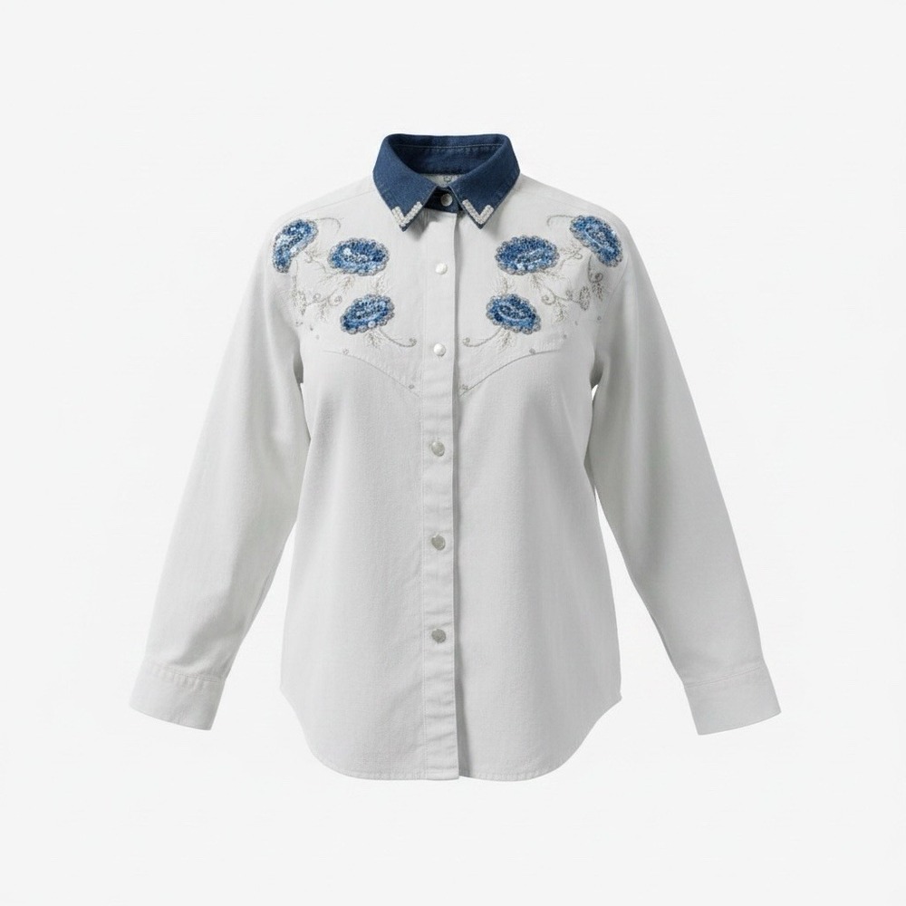 Jane Ashley Vintage Embroidered Western Shirt  Women Small Denim Collar w Pearls